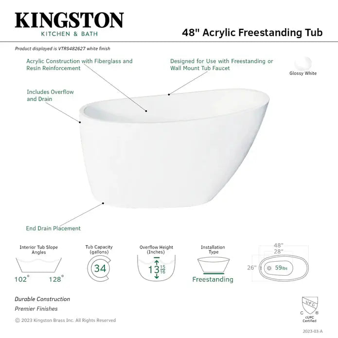 Kingston Brass - Aqua Eden VTRS482627 48-Inch Acrylic Freestanding Tub - VTRS482627 Kingston Brass