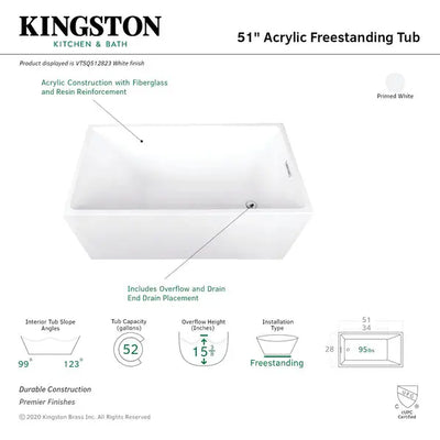 Kingston Brass Aqua Eden VTSQ512823 51" Modern Freestanding Acrylic Bathtub Kingston Brass
