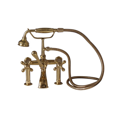 Barclay Products Clawfoot Tub Rim-Mounted Filler with Hand-Held Shower – Metal Cross Handles Polished Brass in White Background