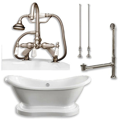 Cambridge Plumbing Acrylic Double Ended Pedestal Slipper Bathtub 68" X 28" with 7" Deck Mount Faucet Drillings and Brushed Nickel Plumbing Package - Affordable Cheap Freestanding Clawfoot Bathtubs Tub