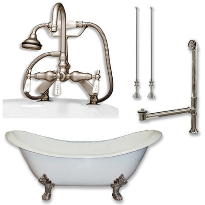 Cambridge Plumbing DES-684D-PKG Cast Iron Double Ended Slipper Tub 71" X 30" with 7" Deck Mount Faucet Drillings and Faucet Complete Plumbing Package - Affordable Cheap Freestanding Clawfoot Bathtubs Tub