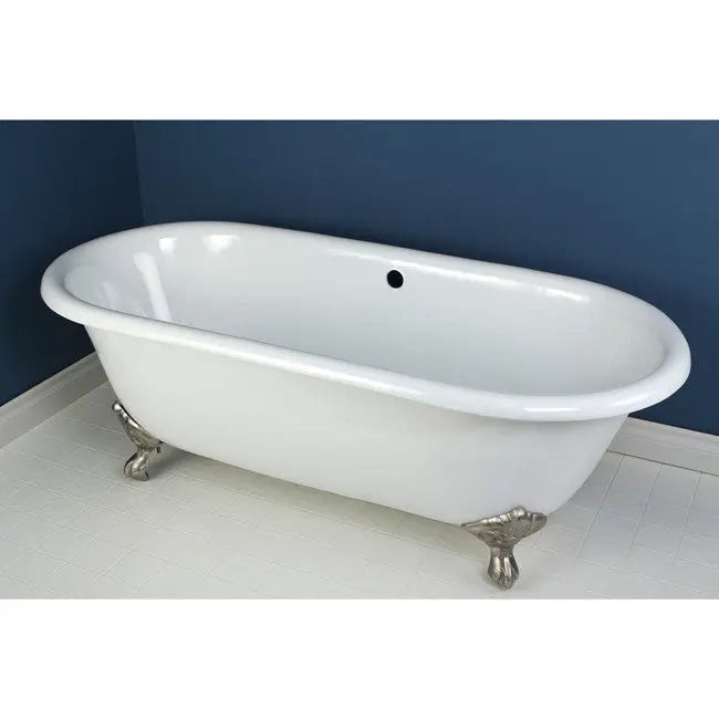 Kingston Brass Aqua Eden 66" Cast Iron Double Ended Clawfoot Bathtub Satin Nickel Front View in Bathroom