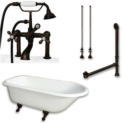 Cambridge Plumbing Cast-Iron Rolled Rim Clawfoot Tub 55" by 30" with 7" Deck Mount Faucet Drillings And Faucet Complete Plumbing Package - Affordable Cheap Freestanding Clawfoot Bathtubs Tub