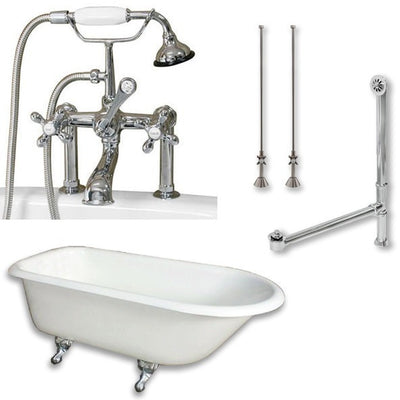 Cambridge Plumbing Cast-Iron Rolled Rim Clawfoot Tub 61" by 30" with 7" Deck Mount Faucet Drillings and Faucet Plumbing Package With Deck Mount Risers - Affordable Cheap Freestanding Clawfoot Bathtubs Tub