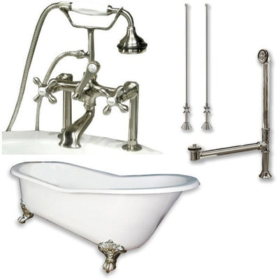 Cambridge Plumbing Cast Iron Slipper Clawfoot Tub 61" X 30" with 7" Deck Mount Faucet Drillings and Faucet Complete Plumbing Package Deck Mount Risers - Affordable Cheap Freestanding Clawfoot Bathtubs Tub