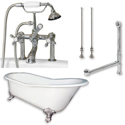 Cambridge Plumbing Cast Iron Slipper Clawfoot Tub 61" X 30" with 7" Deck Mount Faucet Drillings and Faucet Complete Plumbing Package Deck Mount Risers - Affordable Cheap Freestanding Clawfoot Bathtubs Tub