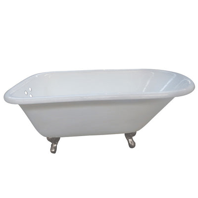 Kingston Brass Aqua Eden 54" Cast Iron Roll Top Clawfoot Tub with 3-3/8" Tub Wall Drillings Satin Nickel Feet Front View White Background