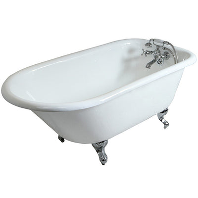 Kingston Brass Aqua Eden 60" Cast Iron Roll Top Clawfoot Freestanding Tub with 3-3/8" Wall Drills Faucet Polished Feet Front View White Background
