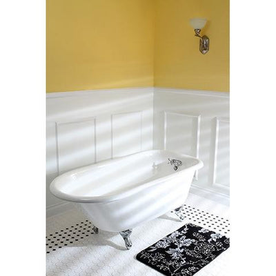 Kingston Brass Aqua Eden 60" Cast Iron Roll Top Clawfoot Freestanding Tub with 3-3/8" Wall Drills Polished Feet Front View in Bathroom