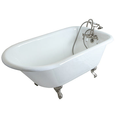 Kingston Brass Aqua Eden 60" Cast Iron Roll Top Clawfoot Freestanding Tub with 3-3/8" Wall Drills Faucet Satin Nickel Front View White Background