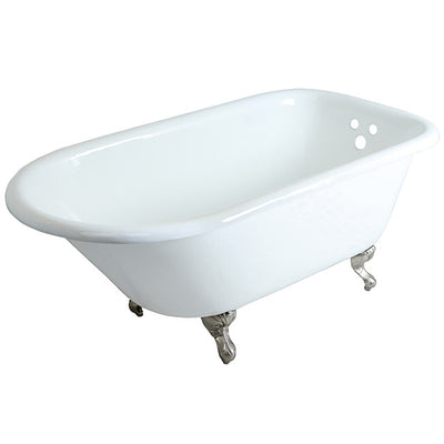 Kingston Brass Aqua Eden 60" Cast Iron Roll Top Clawfoot Freestanding Tub with 3-3/8" Wall Drills Satin Nickel Front View White Background