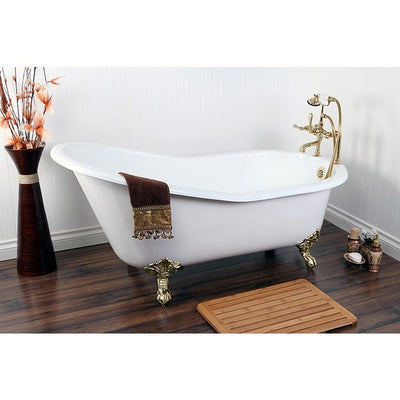 Kingston Brass Aqua Eden 61" Cast Iron Safe & Anti-Slide Slipper Freestanding Bathtub with 7" Faucet Drillings Polished Brass Front View in Bathroom