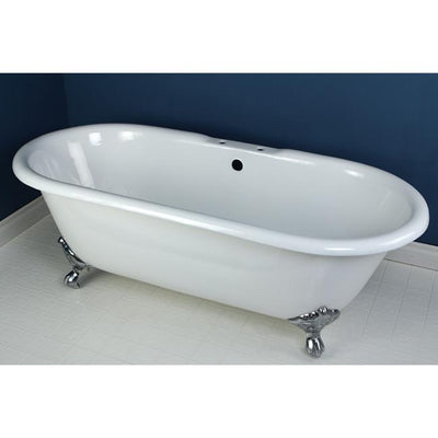 Kingston Brass Aqua Eden 66" Cast Iron Double Ended Clawfoot Bathtub 7" Drillings Satin Drillings Front View in Bathroom