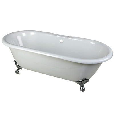 Kingston Brass Aqua Eden 66" Cast Iron Double Ended Clawfoot Bathtub 7" Drillings Polished Chrome Front View White Background