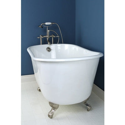 Kingston Brass Aqua Eden 53" Cast Iron Slipper Clawfoot Freestanding Clawfoot Bathtubs Faucet Satin Nickel Feet Side View in Bathroom