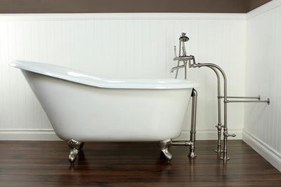 Kingston Brass Aqua Eden 60" Cast Iron Slipper Clawfoot Bathtub - Affordable Cheap Freestanding Clawfoot Bathtubs with Faucet Front View on Brown Floor