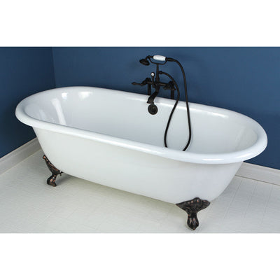Kingston Brass Aqua Eden 66" Cast Iron Double Ended Clawfoot Bathtub Faucet Oil Rubbed Bronze Front View in Bathroom