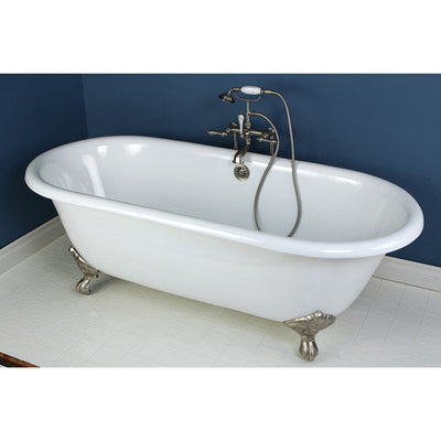 Kingston Brass Aqua Eden 66" Cast Iron Double Ended Clawfoot Bathtub Faucet Satin Nickel Front View White Background