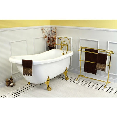 Kingston Brass Aqua Eden Serenity 67" Acrylic Clawfoot Slipper Tub with 7" Deck Drillings Freestanding Clawfoot Bathtubs Faucet Polished Brass Side View in Bathroom