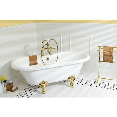 Kingston Brass Aqua Eden Dynasty 67" Acrylic Clawfoot Double Ended Tub without Drillings Freestanding Clawfoot Bathtubs Faucet Polished Brass Side View in Bathroom