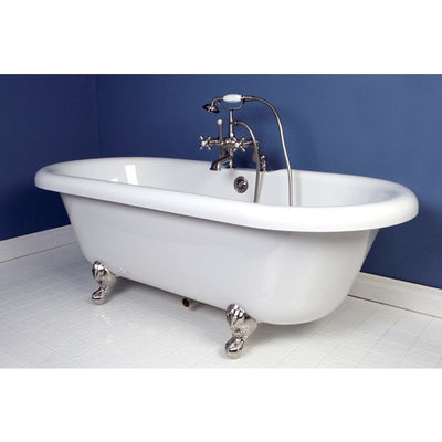 Kingston Brass Aqua Eden 67" Double Ended Acrylic Tub Freestanding Clawfoot Bathtubs Faucet Satin Nickel Side View in Bathroom