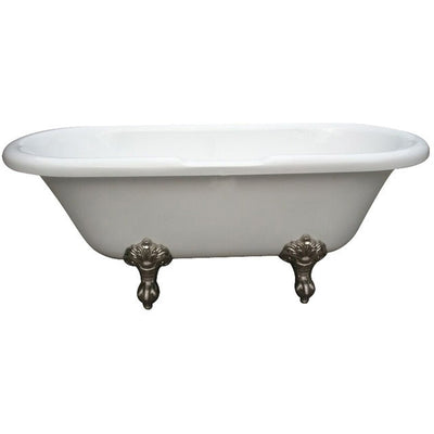 Kingston Brass Aqua Eden 67" Double Ended Acrylic Tub Freestanding Clawfoot Bathtubs Satin Nickel Front View White Background
