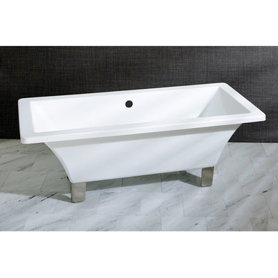 Kingston Brass Aqua Eden 67" Acrylic Clawfoot Square Freestanding Tub Satin Nickel Front View Black And Silver Background