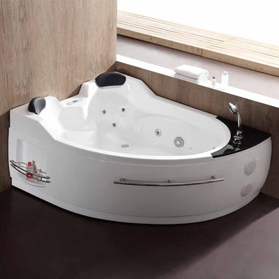 EAGO AM113ETL-R 5.5 ft Right Corner Acrylic White Whirlpool Bathtub for Two Front View in Bathroom