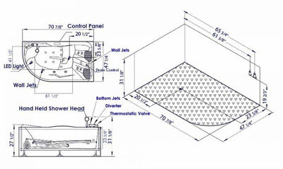 EAGO AM124ETL-L 71" Double Corner Acrylic White Jetted Whirlpool Tub Specification Sheet