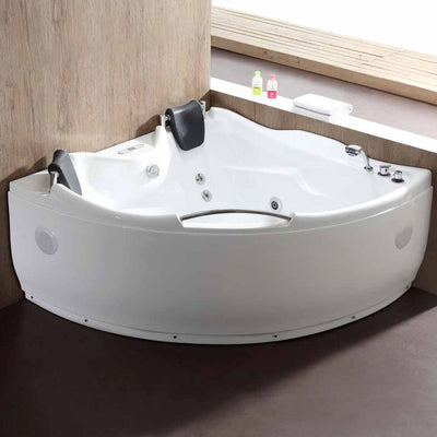 EAGO AM125ETL 5' Double Corner Acrylic White Whirlpool Freestanding Bathtubs Front View in Bathroom