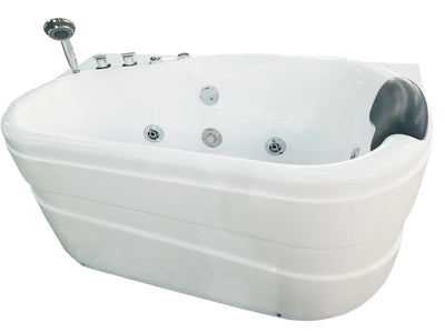 EAGO AM175-L 57'' White Acrylic Corner Jetted Whirlpool Bathtub W/ Fixtures Front View White Background