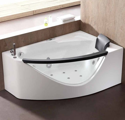 EAGO AM198-L 5' Left Drain Rounded Clear Modern Corner Whirlpool Freestanding Bathtubs Front View in Bathroom