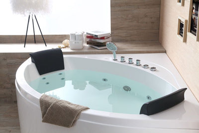 EAGO AM200 5' Rounded Modern Double Seat Corner Whirlpool Bath Tub with Fixtures Side View With Water in Bathroom