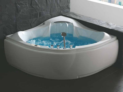 EAGO AM208ETL 5 ft Corner Acrylic White Waterfall Whirlpool Bathtub for Two Front View in Bathroom