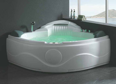 EAGO AM505 61'' 2 Person 14 Jets Corner Waterfall White Whirlpool Freestanding Bathtubs Front View in Bathroom