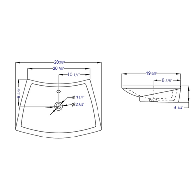 EAGO BA142 28" White Rectangular Porcelain Bathroom Sink With Overflow Diagram