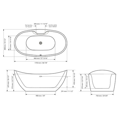 A & E Bath and Shower Turin Acrylic 69" All-in-One Oval Freestanding Tub Kit Freestanding Clawfoot Bathtubs Measurements
